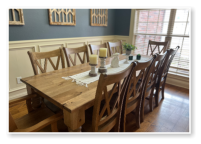 Custom built dining table in the Classic Farmhouse style built by Cattle Bend Woodworks.