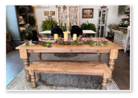 Custom built dining table in the Classic Farmhouse style built by Cattle Bend Woodworks.